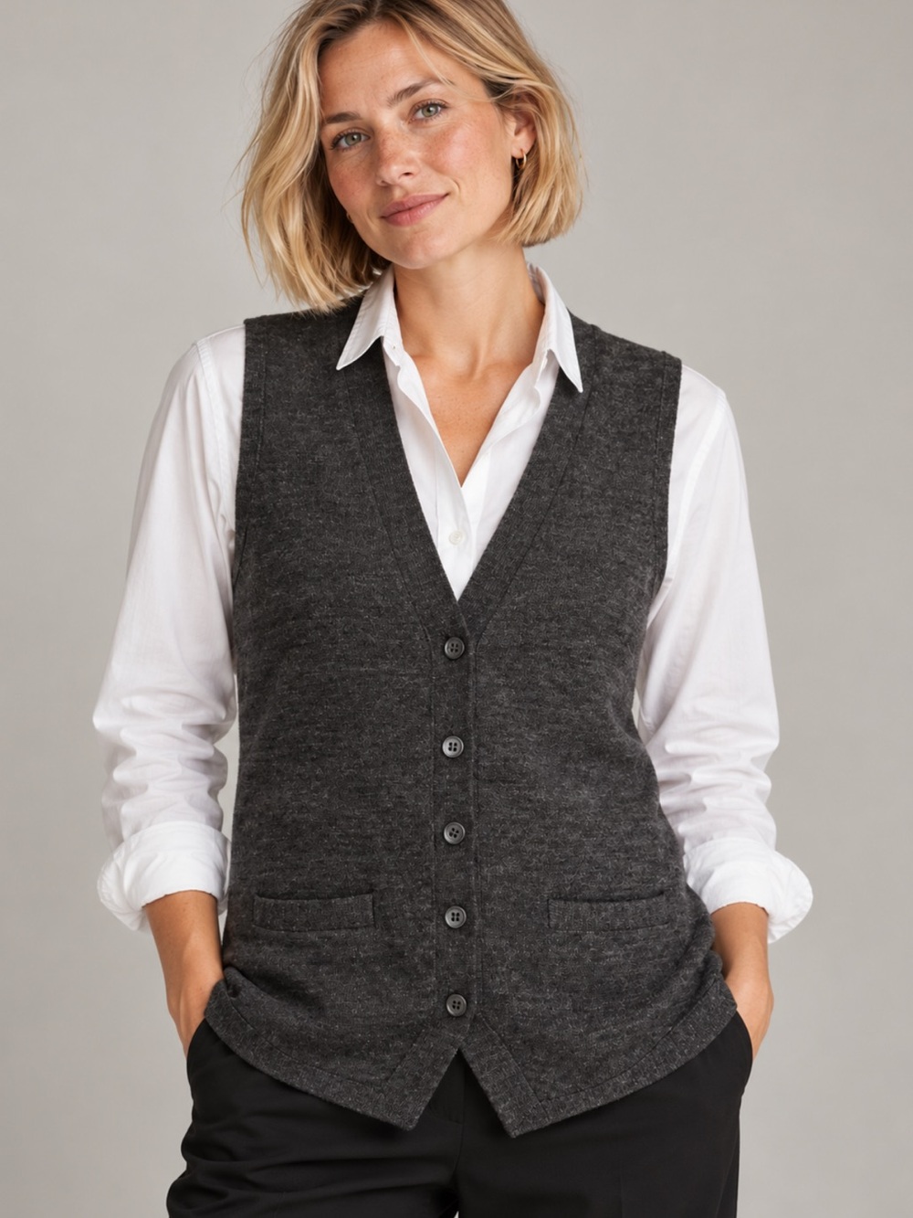 Crew 100% Merino Wool Button Vest Small Gray Preppy Dark Academia Old Money
